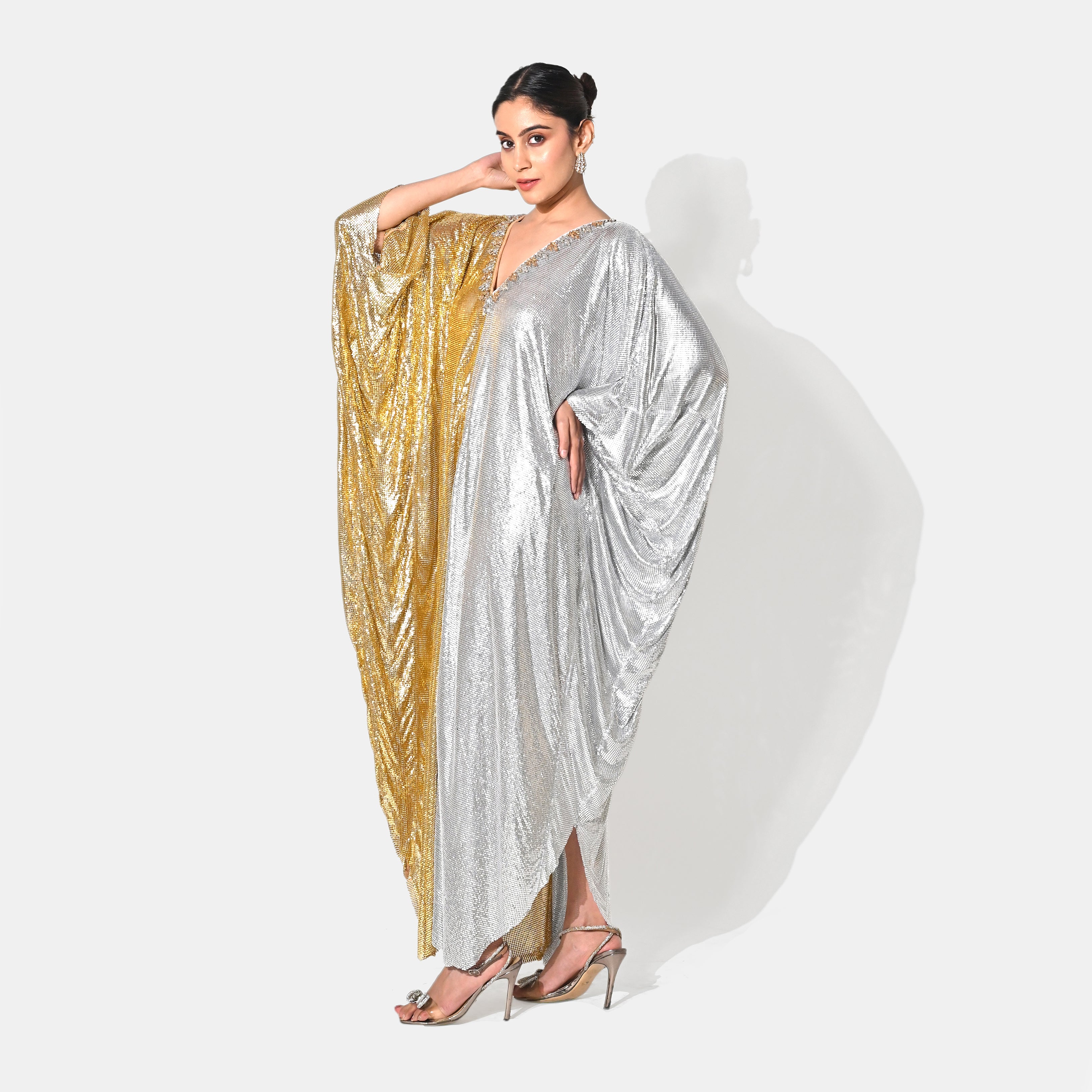 NOOR CHAIN MAIL METALLIC GOLD SILVER KAFTAN