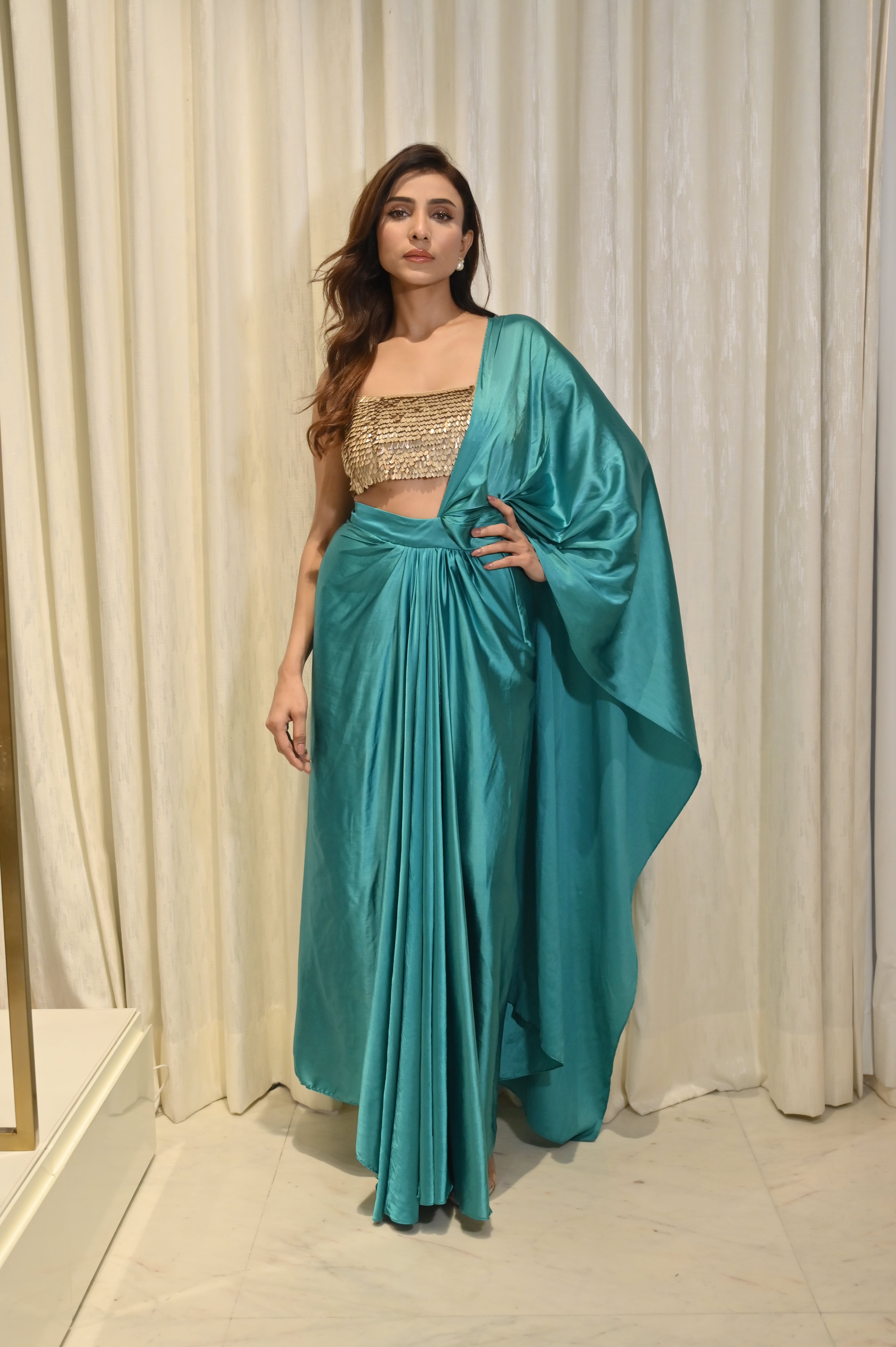 DIYA TEAL PRE-DRAPED SAREE