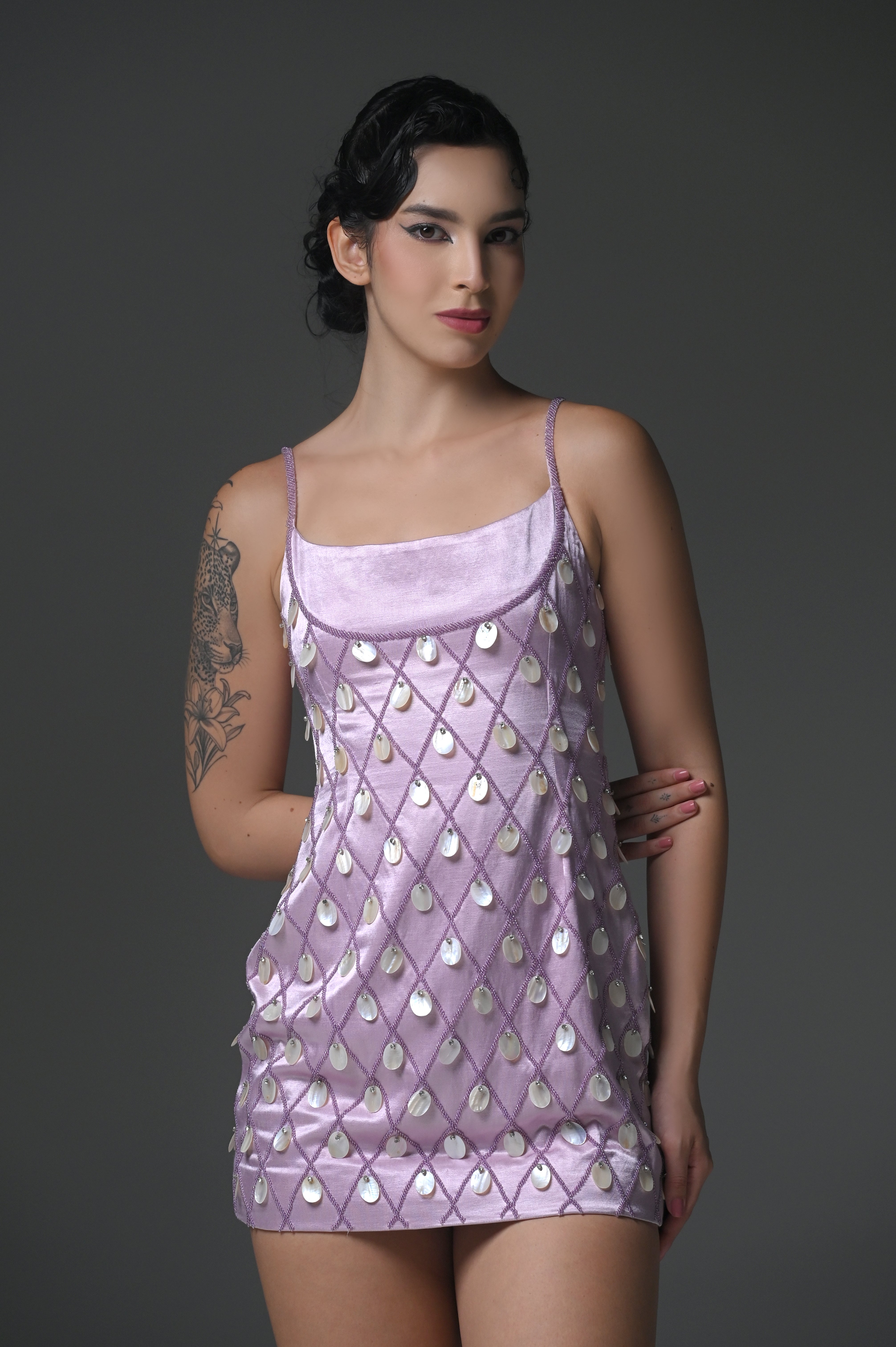 MADELINE POWDER LILAC PEARL MINI DRESS