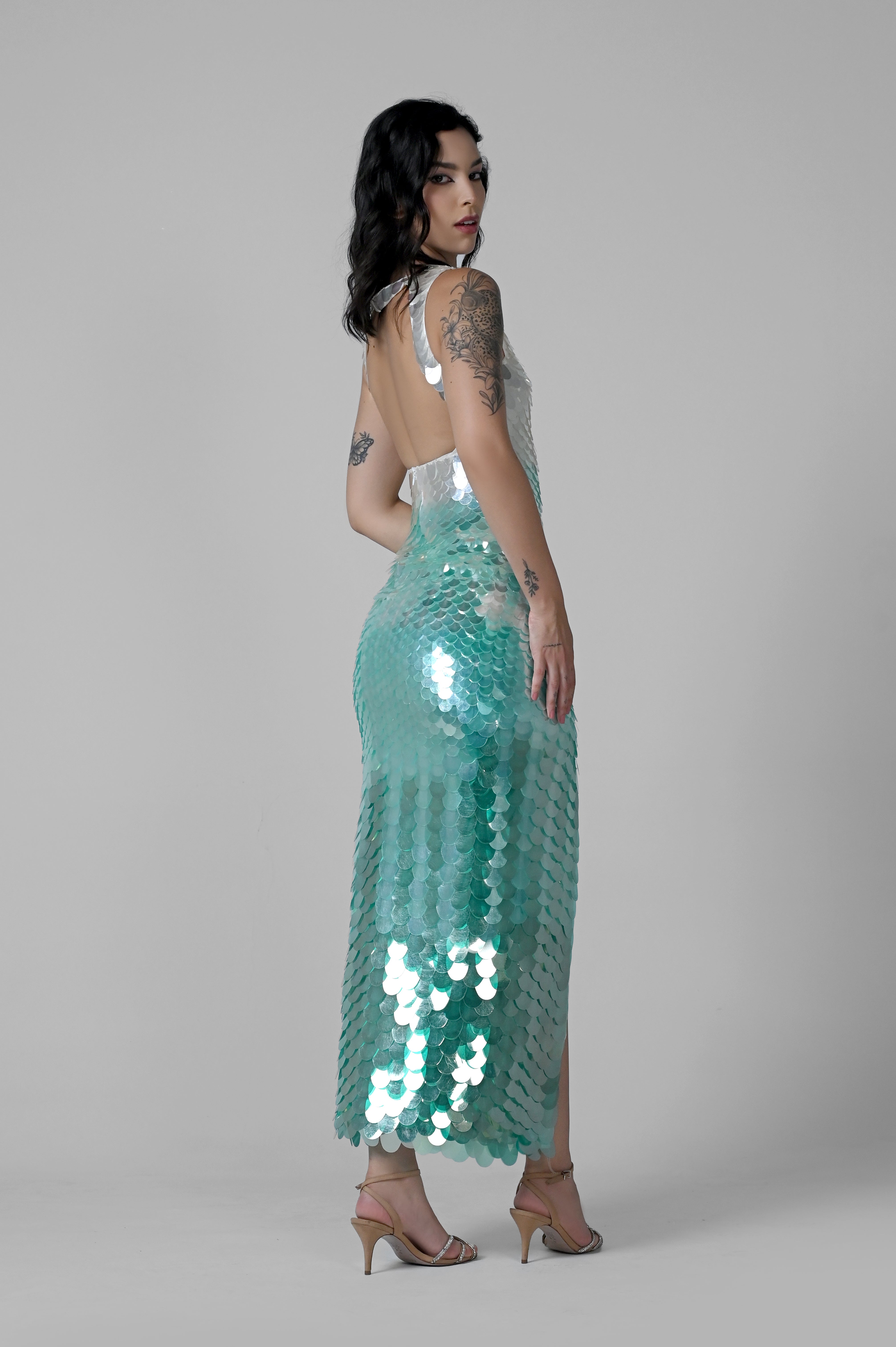 ANASTASIA TEAL HOLOGRAPHIC MAXI DRESS