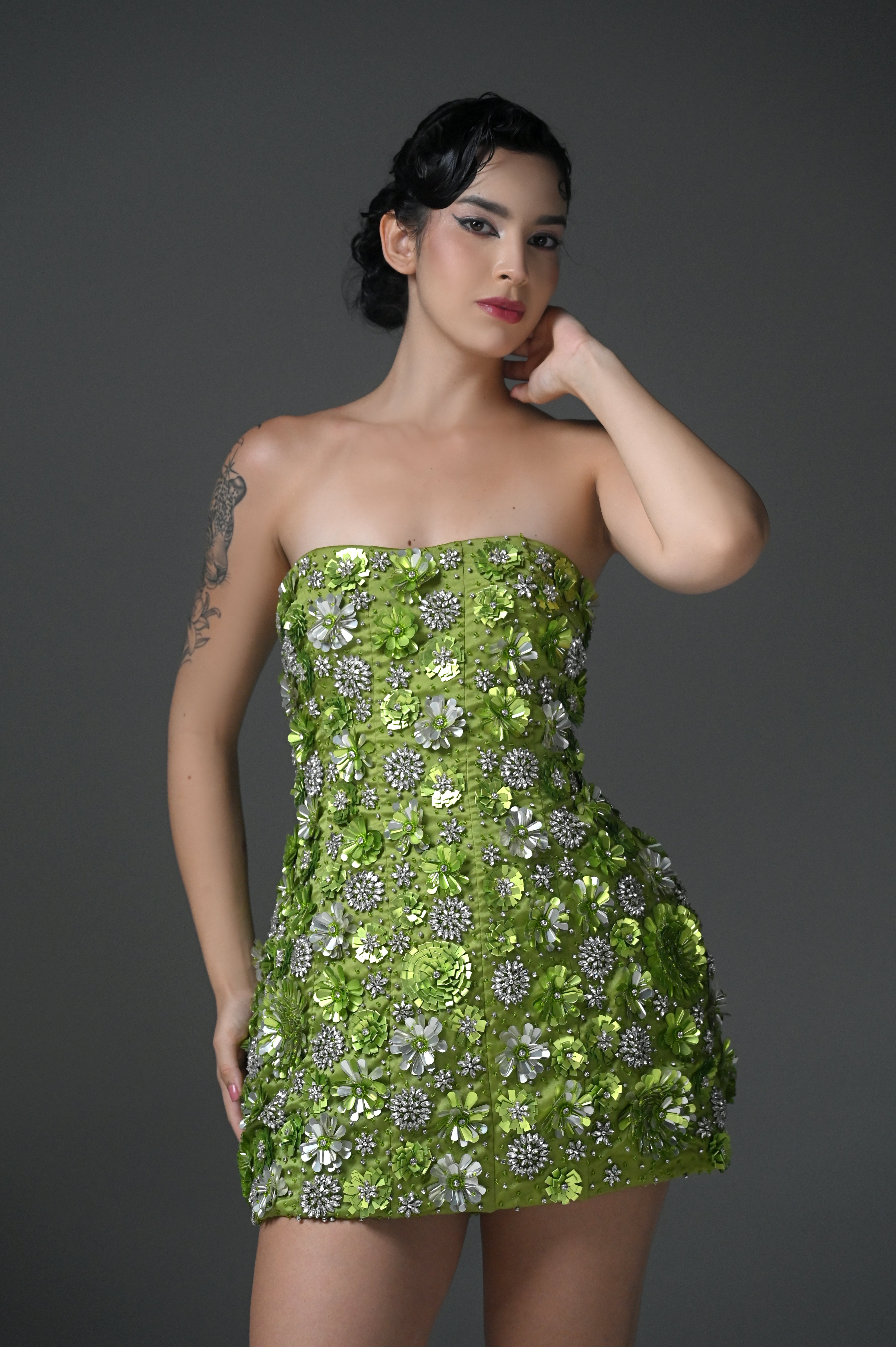CHARLOTTE GREEN FLORAL EMBELLISHED MINI DRESS