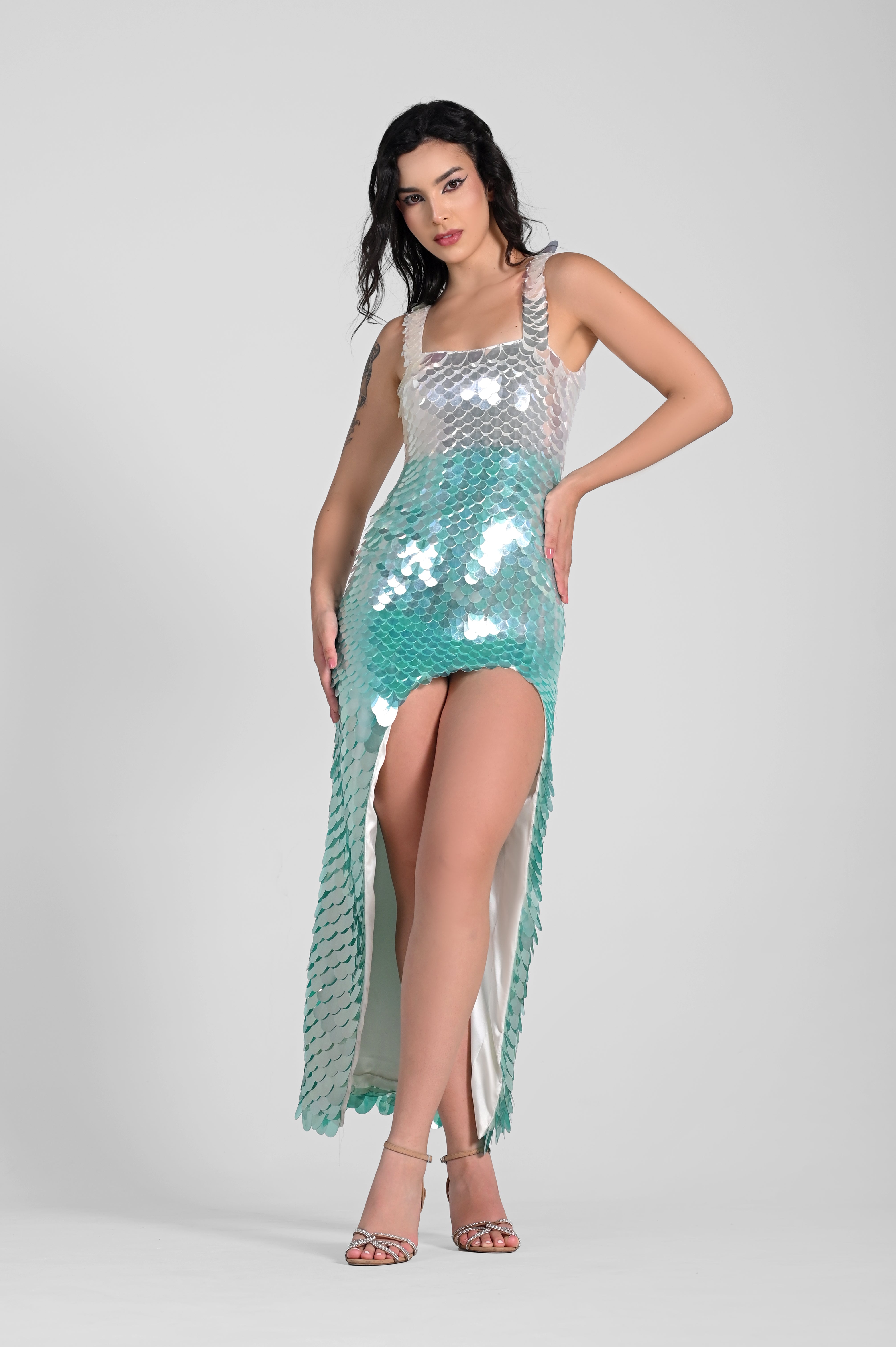 ANASTASIA TEAL HOLOGRAPHIC MAXI DRESS