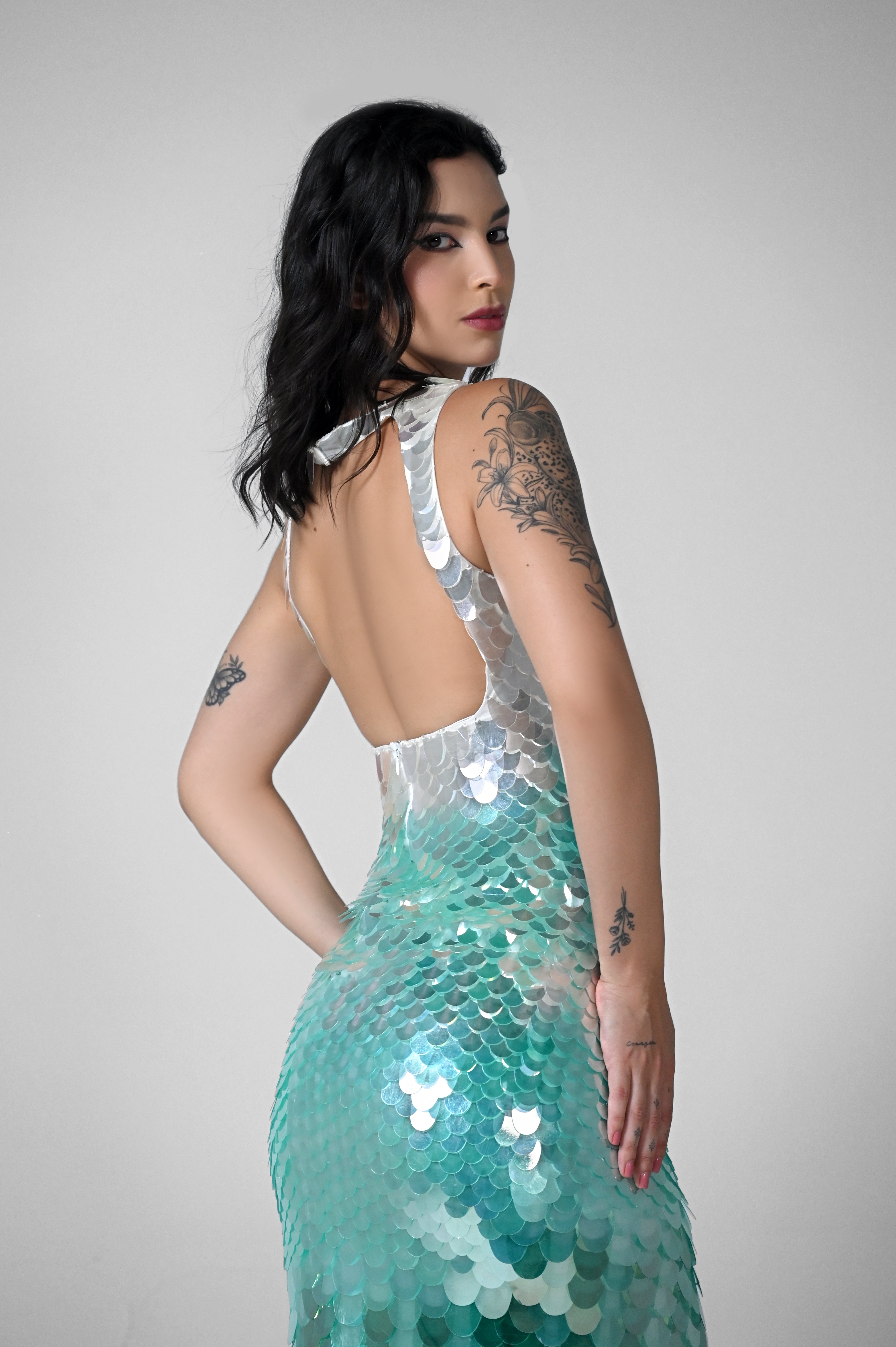 ANASTASIA TEAL HOLOGRAPHIC MAXI DRESS
