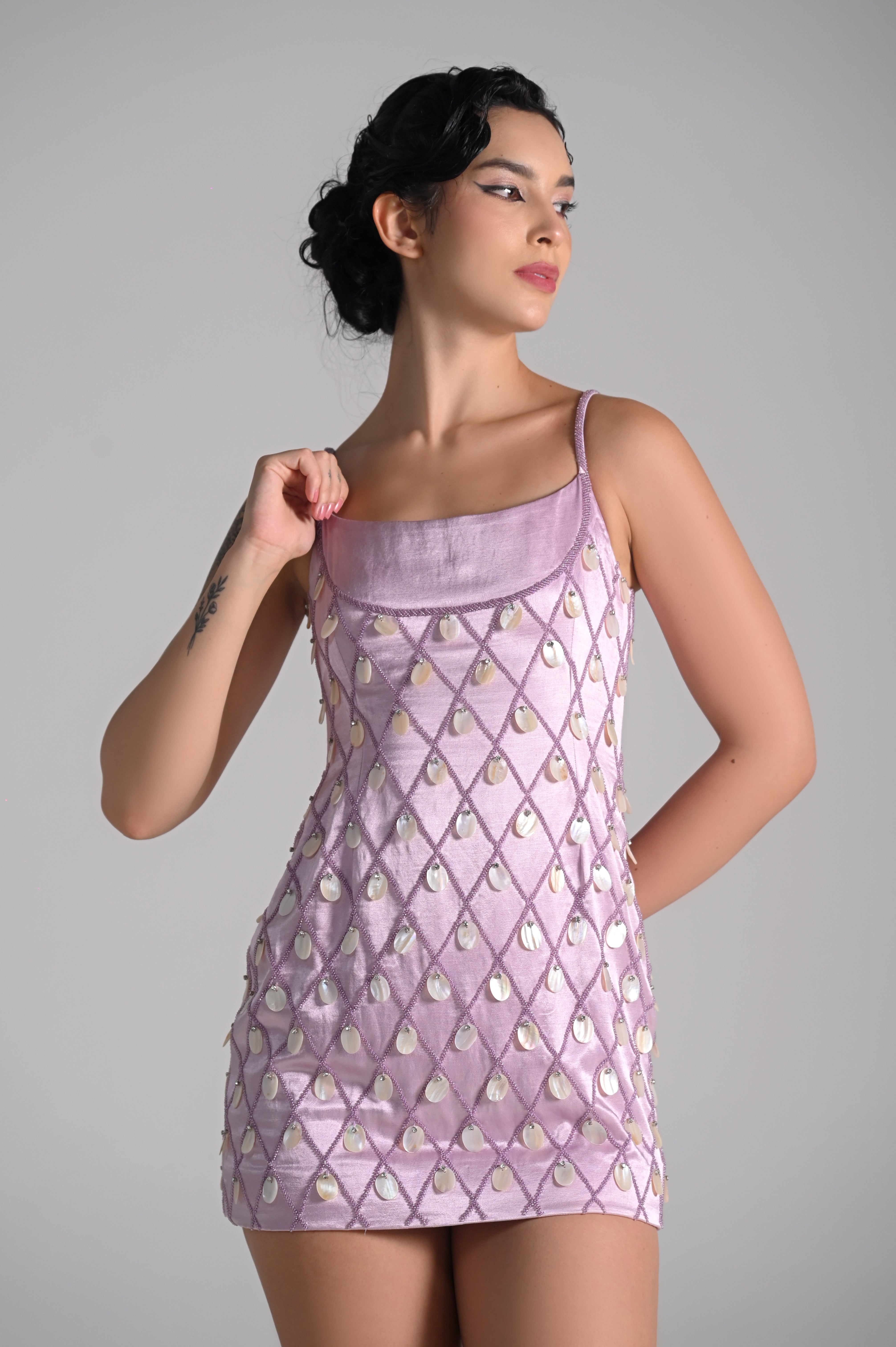 MADELINE POWDER LILAC PEARL MINI DRESS